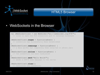 HTML5 Browser WebSockets in the Browser jWebSocket – Stay Connected 09/12/10 var lWebSocketClient = new WebSocket("ws://jwebsocket.org:8787"); // tries to open the TCP connection and to exchange handshake lWebSocketClient. onopen  = function(aEvent) { // connection has successfully been established } lWebSocketClient. onmessage  = function(aEvent) { // a data packet has completely been received in aEvent.data } lWebSocketClient. onclose  = function(aEvent) { // the connection has been terminated } lWebSocketClient. send ("Hello World!"); // sends a UTF-8 text message to the server lWebSocketClient. close (); // terminates the connection 
