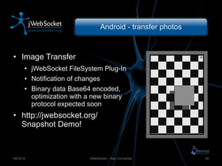 Android - transfer photos Image Transfer jWebSocket FileSystem Plug-In Notification of changes Binary data Base64 encoded , optimization with a new binary protocol expected soon http://jwebsocket.org/ Snapshot Demo! jWebSocket – Stay Connected 09/12/10 