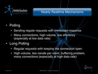 Nearly Realtime Mechanisms Polling Sending regular requests with immediate response Many connections, high volume, low efficiency (especially at low data rate) Long Polling Regular requests with keeping the connection open High volume, two canals per client, buffering problem, many connections (especially at high data rate) jWebSocket – Stay Connected 09/12/10 