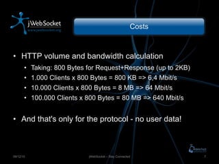 Costs HTTP volume and bandwidth calculation Taking: 800 Bytes for Request+Response (up to 2KB) 1.000 Clients x 800 Bytes = 800 KB => 6,4 Mbit/s 10.000 Clients x 800 Bytes = 8 MB => 64 Mbit/s 100.000 Clients x 800 Bytes = 80 MB => 640 Mbit/s And that's only for the protocol - no user data! jWebSocket – Stay Connected 09/12/10 