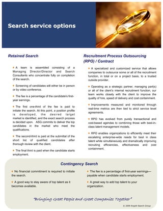 Search service options




Retained Search                                            Recruitment Process Outsourcing
                                                           (RPO) / Contract
     A team is assembled consisting of a                       A specialized and customized service that allows
  Managing Director/Director and Search                      companies to outsource some or all of the recruitment
  Consultants who concentrate fully on completion            function, in total or on a project basis, to a trusted
  of the search.                                             outside provider.

     Screening of candidates will either be in person          Operating as a strategic partner, managing part(s)
  or by video conference.                                    or all of the client’s internal recruitment function, our
                                                             team works closely with the client to improve the
    The fee is a percentage of the candidate's first-
                                                             quality of hire, speed of delivery and cost containment.
  year earnings.
                                                               Improvements measured and monitored through
     The first one-third of the fee is paid to
                                                             real-time metrics are then tied to strict service level
  initiate the search. At this point, a position profile
                                                             agreements.
  is     developed,       the     desired       target
  market is identified, and the exact search process            RPO has evolved from purely transactional and
  is decided upon. ASG commits to deliver the top            cost-based agendas to combining those with best-in-
  candidates in the market who meet the                      class talent management models.
  qualifications.
                                                                RPO enables organizations to efficiently meet their
    The second-third is paid at the submittal of the         escalating enterprise-wide needs for best in class
  short list of qualified candidates after                   talent while simultaneously and dramatically improving
  thorough review with the client.                           recruiting efficiencies, effectiveness and cost
                                                             containment.
    The final third is paid when the candidate starts
  employment.


                                           Contingency Search
   No financial commitment is required to initiate            The fee is a percentage of first-year earnings—
 the search.                                                payable when candidate starts employment.

   A good way to stay aware of top talent as it               A great way to add top talent to your
 becomes available.                                         organization.



                   “Bringing Great People and Great Companies Together”
                                                                                          © 2009 Angott Search Group
 