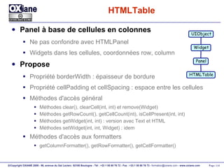 HTMLTable Panel à base de cellules en colonnes Ne pas confondre avec HTMLPanel Widgets dans les cellules, coordonnées row, column Propose Propriété borderWidth : épaisseur de bordure Propriété cellPadding et cellSpacing : espace entre les cellules Méthodes d'accès général Méthodes clear(), clearCell(int, int) et remove(Widget) Méthodes getRowCount(), getCellCount(int), isCellPresent(int, int) Méthodes getWidget(int, int) : version avec Text et HTML Méthodes setWidget(int, int, Widget) : idem Méthodes d'accès aux formatters getColumnFormatter(), getRowFormatter(), getCellFormatter() UIObject Widget Panel HTMLTable 