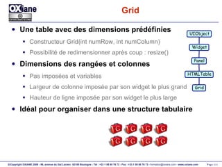 Grid Une table avec des dimensions prédéfinies Constructeur Grid(int numRow, int numColumn) Possibilité de redimensionner après coup : resize() Dimensions des rangées et colonnes Pas imposées et variables Largeur de colonne imposée par son widget le plus grand Hauteur de ligne imposée par son widget le plus large Idéal pour organiser dans une structure tabulaire UIObject Widget Panel HTMLTable Grid 