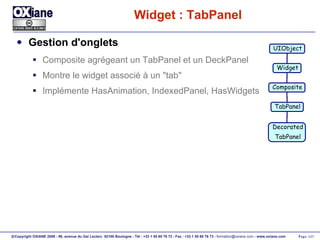 Widget : TabPanel Gestion d'onglets Composite agrégeant un TabPanel et un DeckPanel Montre le widget associé à un "tab" Implémente HasAnimation, IndexedPanel, HasWidgets UIObject Widget Composite Decorated TabPanel TabPanel 