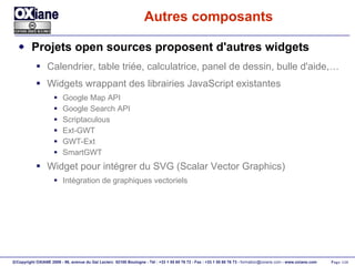 Autres composants Projets open sources proposent d'autres widgets Calendrier, table triée, calculatrice, panel de dessin, bulle d'aide,… Widgets wrappant des librairies JavaScript existantes Google Map API Google Search API Scriptaculous Ext-GWT GWT-Ext SmartGWT Widget pour intégrer du SVG (Scalar Vector Graphics) Intégration de graphiques vectoriels 