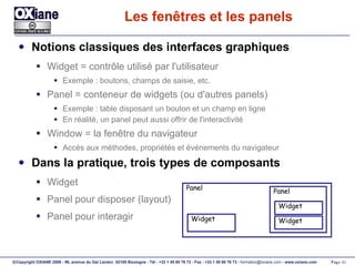 Les fenêtres et les panels Notions classiques des interfaces graphiques Widget = contrôle utilisé par l'utilisateur Exemple : boutons, champs de saisie, etc. Panel = conteneur de widgets (ou d'autres panels) Exemple : table disposant un bouton et un champ en ligne En réalité, un panel peut aussi offrir de l'interactivité Window = la fenêtre du navigateur Accès aux méthodes, propriétés et événements du navigateur Dans la pratique, trois types de composants Widget Panel pour disposer (layout) Panel pour interagir Panel Widget Widget Panel Widget 