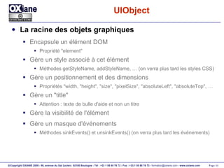 UIObject La racine des objets graphiques Encapsule un élément DOM Propriété "element" Gère un style associé à cet élément Méthodes getStyleName, addStyleName, … (on verra plus tard les styles CSS) Gère un positionnement et des dimensions Propriétés "width, "height", "size", "pixelSize", "absoluteLeft", "absoluteTop", … Gère un "title" Attention : texte de bulle d'aide et non un titre Gère la visibilité de l'élément Gère un masque d'événements Méthodes sinkEvents() et unsinkEvents() (on verra plus tard les événements) 