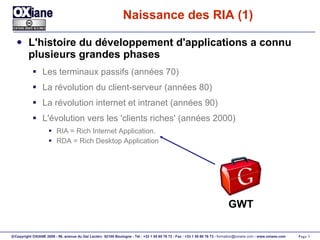 Naissance des RIA (1) L'histoire du développement d'applications a connu plusieurs grandes phases Les terminaux passifs (années 70) La révolution du client-serveur (années 80) La révolution internet et intranet (années 90) L'évolution vers les 'clients riches' (années 2000) RIA = Rich Internet Application. RDA = Rich Desktop Application GWT 