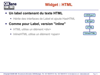 Widget : HTML Un label contenant du texte HTML Hérite des interfaces de Label et ajoute HasHTML Comme pour Label, version "inline" HTML utilise un élément <div> InlineHTML utilise un élément <span> UIObject Widget HTML InlineHTML 