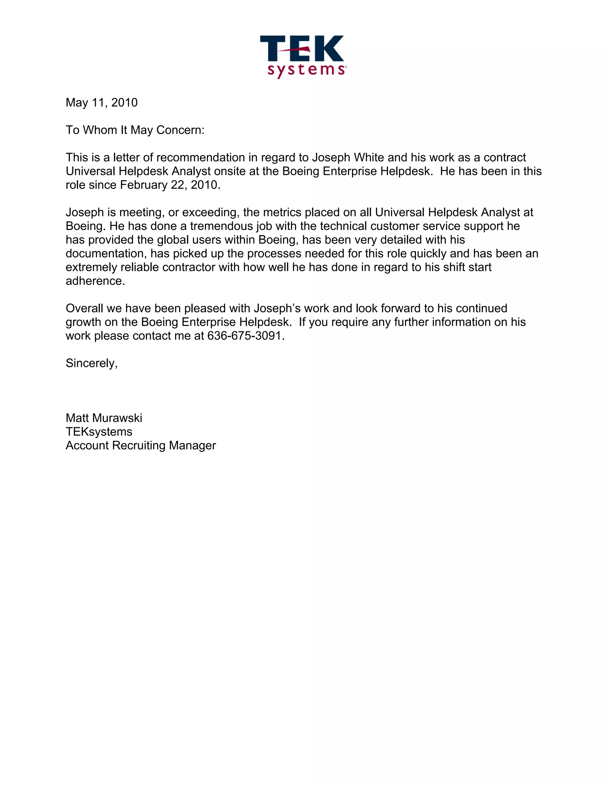 Systems Implementation Reference Letter Sample Tek Systems Recommendation Letter | DOC