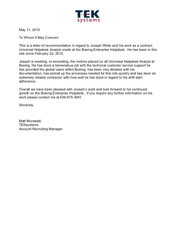 Tek Systems Recommendation Letter