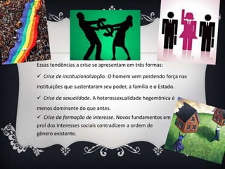 Essas tendências a crise se apresentam em três formas:
 Crise de institucionalização. O homem vem perdendo força nas
instituições que sustentaram seu poder, a família e o Estado.
 Crise da sexualidade. A heterossexualidade hegemônica é
menos dominante do que antes.
 Crise da formação de interesse. Novos fundamentos em
prol dos interesses sociais contradizem a ordem de
gênero existente.
 