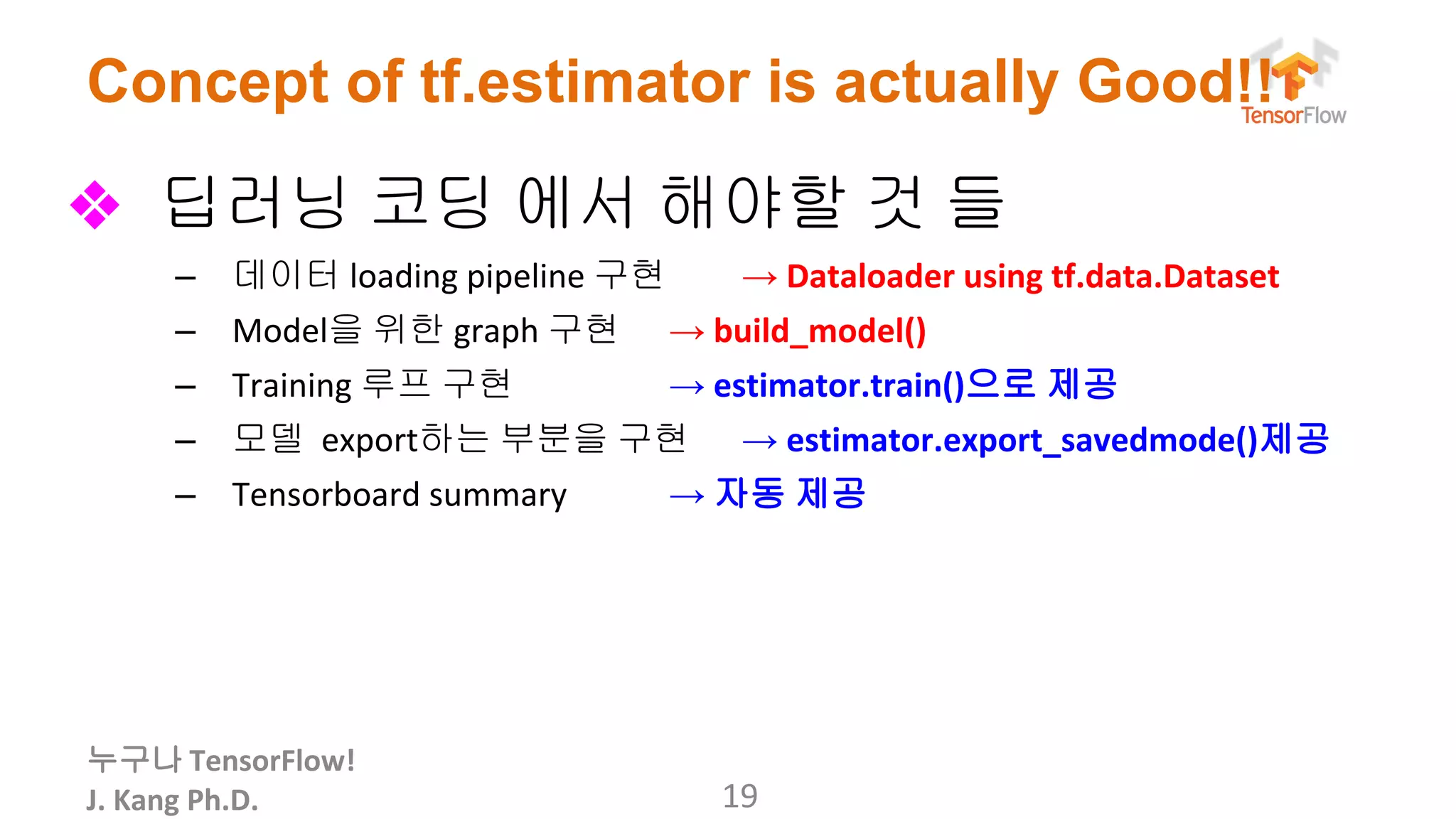 누구나
Concept of tf.estimator is actually Good!!
❖ 딥러닝 코딩 에서 해야할 것 들
– 데이터 구현 →
– 을 위한 구현 →
– 루프 구현 → 으로 제공
– 모델 하는 부분을 구현 → 제공
– → 자동 제공
 