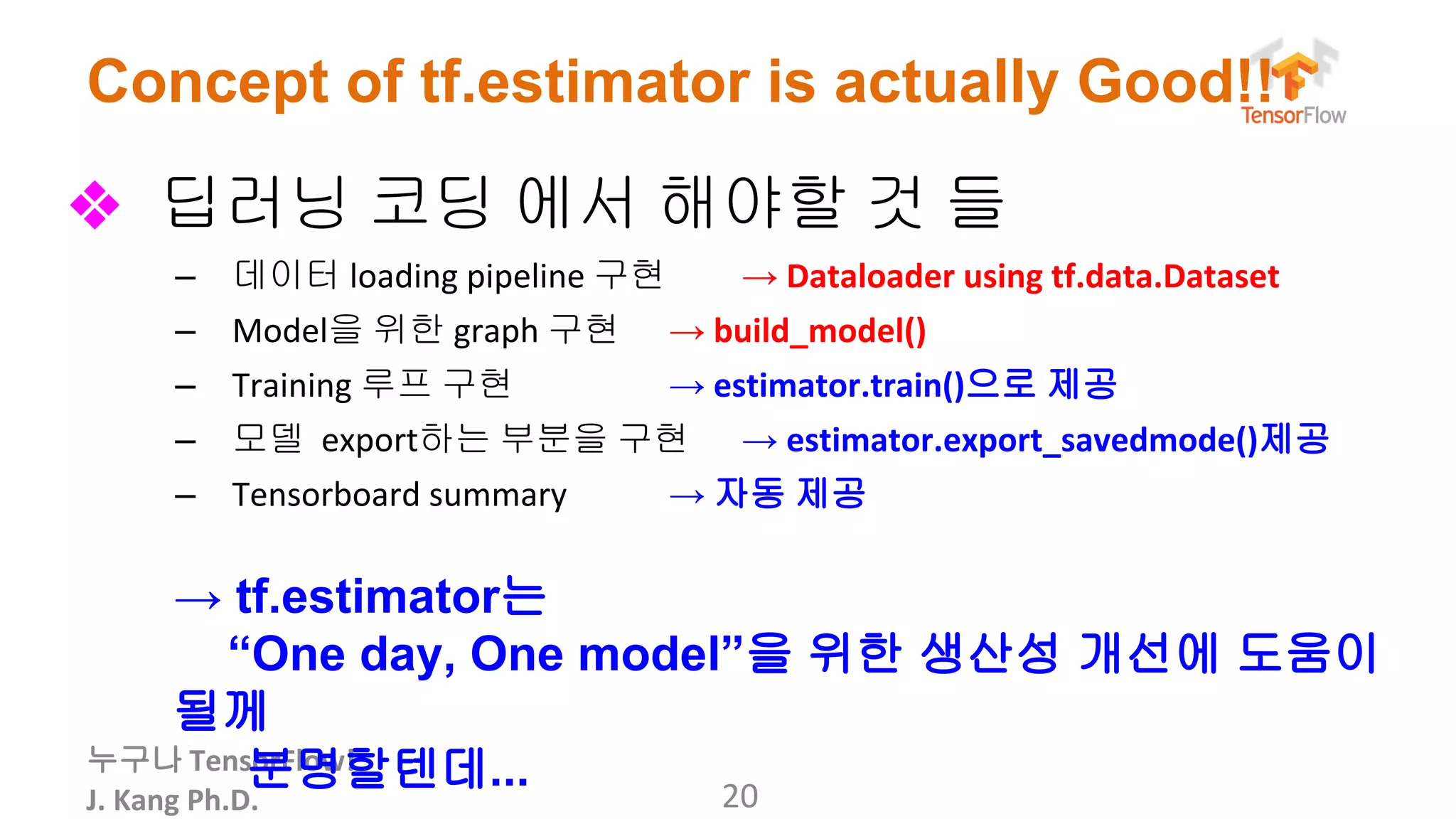 누구나
Concept of tf.estimator is actually Good!!
❖ 딥러닝 코딩 에서 해야할 것 들
– 데이터 구현 →
– 을 위한 구현 →
– 루프 구현 → 으로 제공
– 모델 하는 부분을 구현 → 제공
– → 자동 제공
→ tf.estimator는
“One day, One model”을 위한 생산성 개선에 도움이
될께
분명할텐데...
 