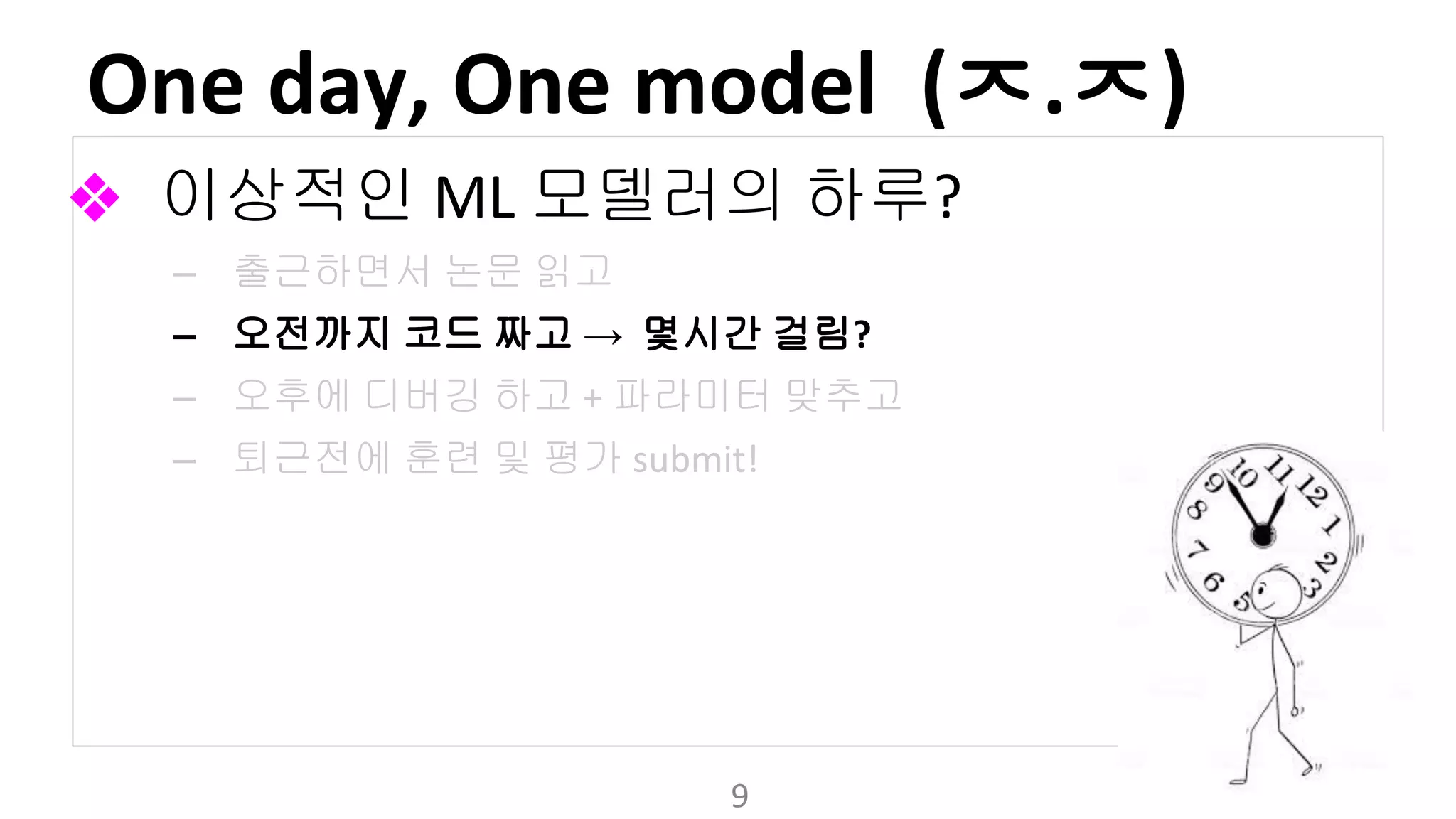 ㅈ ㅈ
❖ 이상적인 모델러의 하루
– 출근하면서 논문 읽고
– 오전까지 코드 짜고 → 몇시간 걸림
– 오후에 디버깅 하고 파라미터 맞추고
– 퇴근전에 훈련 및 평가
 