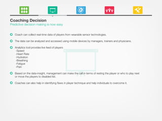 Coaching Decision
Predictive decision making is now easy
Coach can collect real-time data of players from wearable sensor technologies.
The data can be analyzed and accessed using mobile devices by managers, trainers and physicians.
Analytics tool provides live feed of players
-Speed
-Heart Rate
-Hydration
-Breathing
-Fatigue
-Pain
Based on the data-insight, management can make the call in terms of resting the player or who to play next
or move the players to disabled list.
Coaches can also help in identifying ﬂaws in player technique and help individuals to overcome it.
 