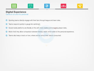 Digital Experience
Game is on and it’s personal
Sporting teams directly engage with their fans through league and team sites.
Teams respond quickly to gauge fan sentiment.
Social media platforms are literally on ﬁre with more creative and engaging player stats.
Most of all, they allow comparison between fantasy drafts which adds to the personal experience.
Teams also keep a track on how, where and by whom their data is consumed.
 