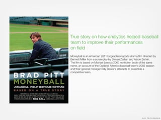 Moneyball is an American 2011 biographical sports drama ﬁlm directed by
Bennett Miller from a screenplay by Steven Zaillian and Aaron Sorkin.
The ﬁlm is based on Michael Lewis's 2003 nonﬁction book of the same
name, an account of the Oakland Athletics baseball team's 2002 season
and their general manager Billy Beane's attempts to assemble a
competitive team.
source - http://en.wikipedia.org
True story on how analytics helped baseball
team to improve their performances
on ﬁeld
 
