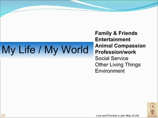 Family & Friends
                     Entertainment
                     Animal Compassion
My Life / My World   Profession/work
                     Social Service
                     Other Living Things
                     Environment




22                   Live and Promote a Jain Way of Life
 