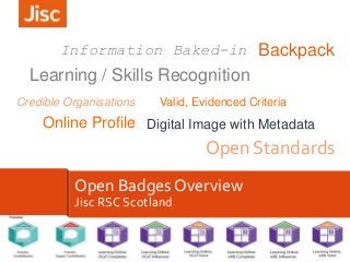 Information Baked-in Backpack

Learning / Skills Recognition
Credible Organisations

Valid, Evidenced Criteria

Online Profile Digital Image with Metadata

Open Standards
Open Badges Overview
Jisc RSC Scotland

 