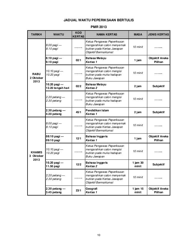 Jadual Waktu Peperiksaan pmr 2013 calon biasa(1)