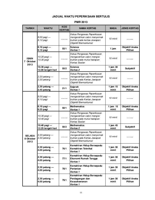 Jadual Waktu Peperiksaan pmr 2013 calon biasa(1)