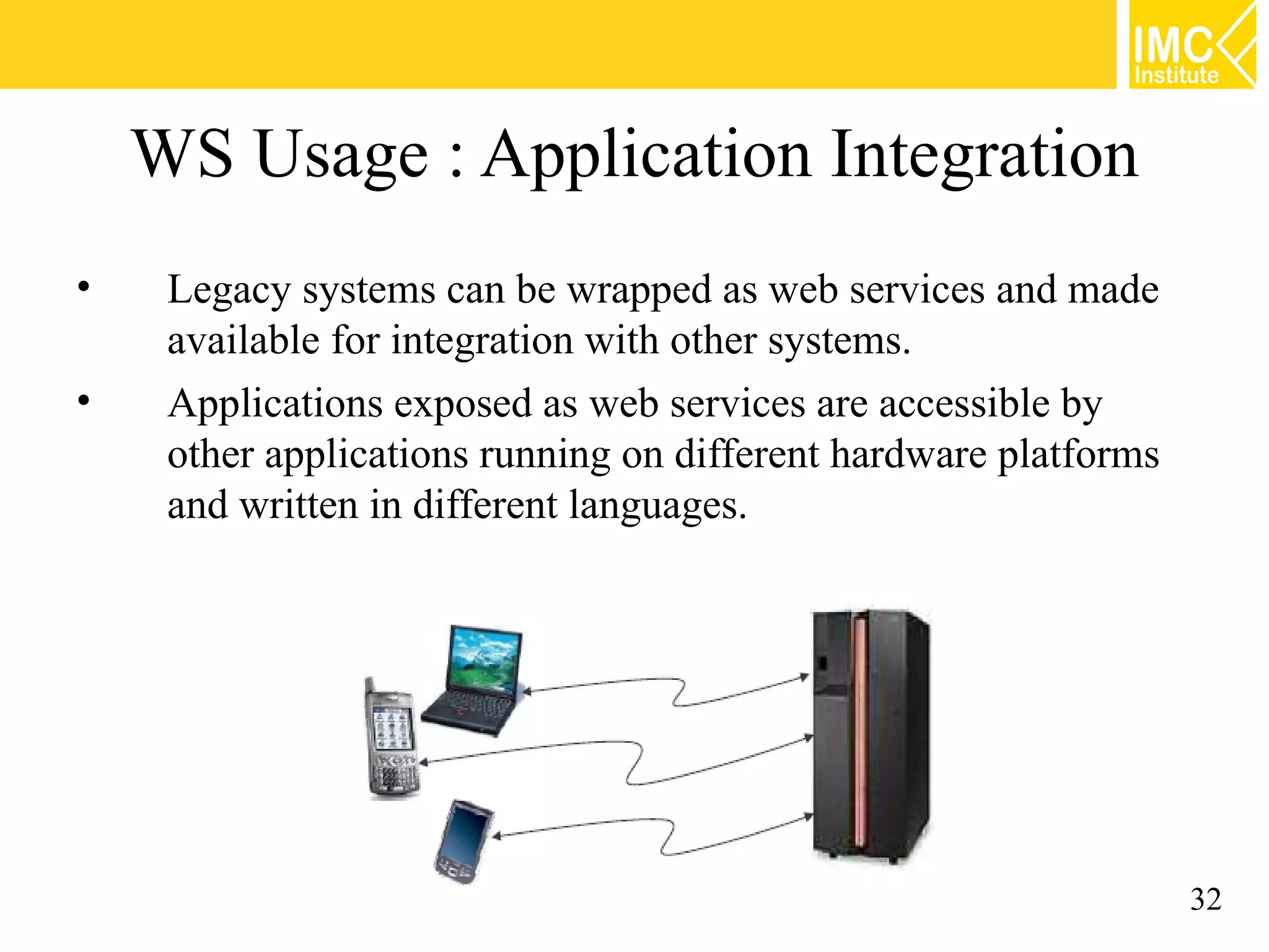 WS Usage : Application Integration
• Legacy systems can be wrapped as web services and made
available for integration with other systems.
• Applications exposed as web services are accessible by
other applications running on different hardware platforms
and written in different languages.
32