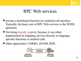 RPC Web services
   present a distributed function (or method) call interface.
    Typically, the basic unit of RPC Web services is the WSDL
    operation.
   Not being loosely coupled, because it was often
    implemented by mapping services directly to language-
    specific functions or method calls.
   Other approaches: CORBA, DCOM, RMI.



                                                                 14
 