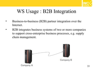 WS Usage : B2B Integration
•   Business-to-business (B2B) partner integration over the
    Internet.
•   B2B integrates business systems of two or more companies
    to support cross-enterprise business processes, e.g. supply
    chain management.




                                                                  33
 