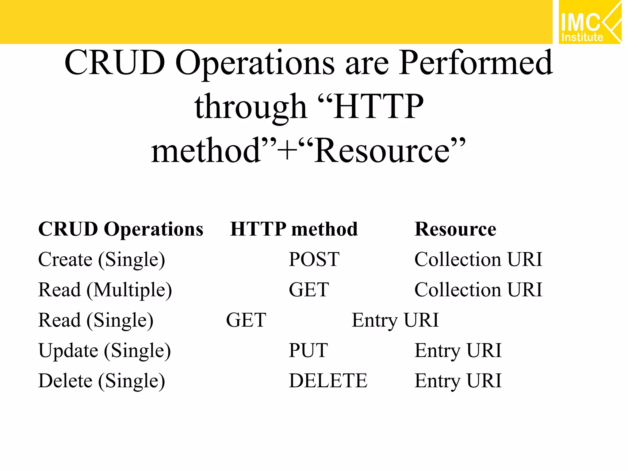 CRUD Operations are Performed
        through “HTTP
     method”+“Resource”

CRUD Operations   HTTP method      Resource
Create (Single)       POST         Collection URI
Read (Multiple)       GET          Collection URI
Read (Single)     GET       Entry URI
Update (Single)       PUT          Entry URI
Delete (Single)       DELETE       Entry URI


                                                    16
 