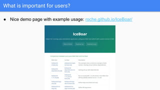 What is important for users?
● Nice demo page with example usage: roche.github.io/IceBoar/
 