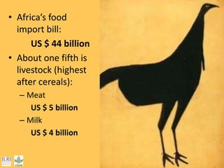 • Africa’s food
import bill:
US $ 44 billion
• About one fifth is
livestock (highest
after cereals):
– Meat
US $ 5 billion...