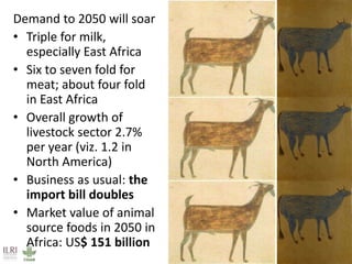 Demand to 2050 will soar
• Triple for milk,
especially East Africa
• Six to seven fold for
meat; about four fold
in East A...