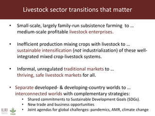 Livestock sector transitions that matter
• Small-scale, largely family-run subsistence farming to …
medium-scale profitable livestock enterprises.
• Inefficient production mixing crops with livestock to …
sustainable intensification (not industrialization) of these well-
integrated mixed crop-livestock systems.
• Informal, unregulated traditional markets to …
thriving, safe livestock markets for all.
• Separate developed- & developing-country worlds to …
interconnected worlds with complementary strategies:
• Shared commitments to Sustainable Development Goals (SDGs).
• New trade and business opportunities
• Joint agendas for global challenges: pandemics, AMR, climate change
 