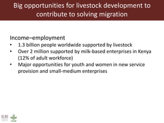 Big opportunities for livestock development to
contribute to solving migration
Income–employment
• 1.3 billion people worldwide supported by livestock
• Over 2 million supported by milk-based enterprises in Kenya
(12% of adult workforce)
• Major opportunities for youth and women in new service
provision and small-medium enterprises
 