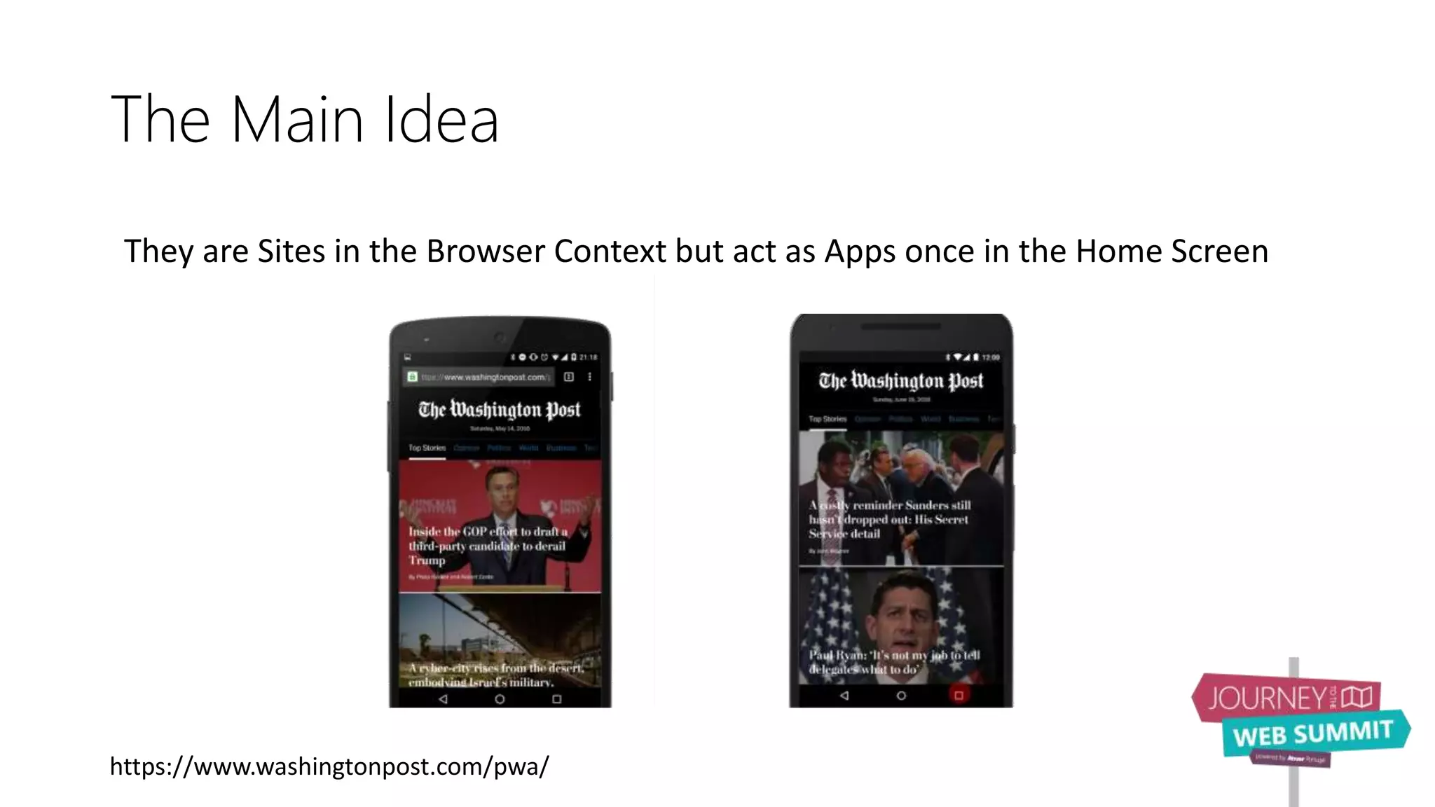 The Main Idea
They are Sites in the Browser Context but act as Apps once in the Home Screen
https://www.washingtonpost.com/pwa/
 