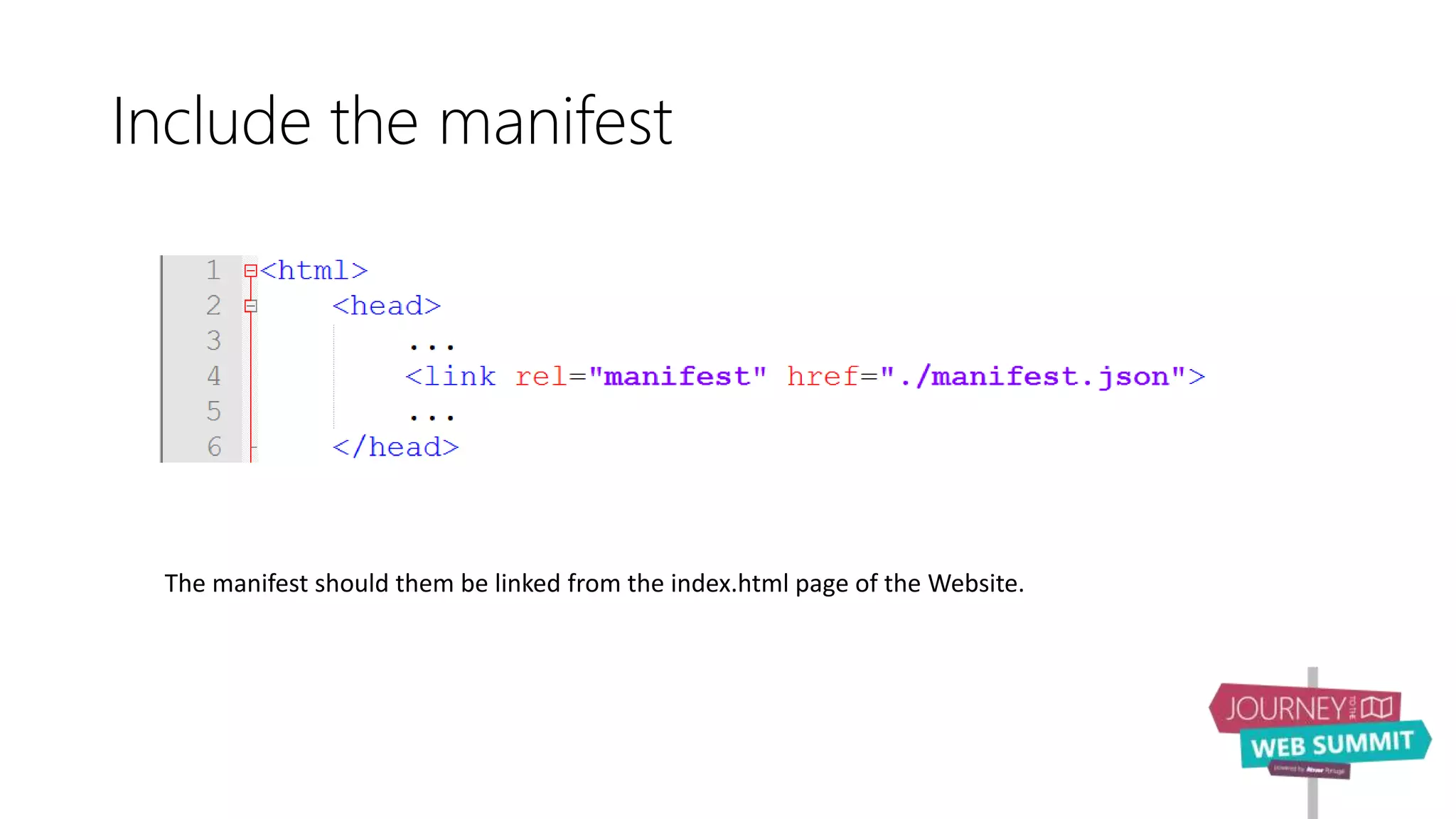 Include the manifest
The manifest should them be linked from the index.html page of the Website.
 