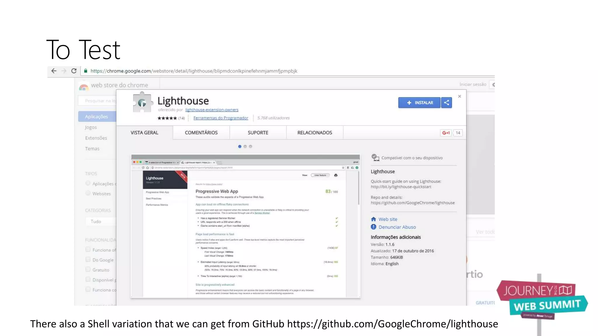 To Test
There also a Shell variation that we can get from GitHub https://github.com/GoogleChrome/lighthouse
 