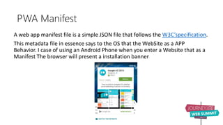 PWA Manifest
A web app manifest file is a simple JSON file that follows the W3C’specification.
This metadata file in essence says to the OS that the WebSite as a APP
Behavior. I case of using an Android Phone when you enter a Website that as a
Manifest The browser will present a installation banner
 