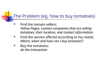 The Problem (eg. how to buy tomatoes)
 Find the tomato sellers;
Yellow Pages: contain companies that are selling
tomatoes, their location, and contact information.
 Find the service offered according to my needs;
Where, when and how can I buy tomatoes?
 Buy the tomatoes;
do the transaction
 