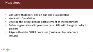 Next steps
• Consult with donors, one on one and as a collective
• Work with foundation
• Develop the details behind each element of the framework
• Refine organizational imperatives (what ILRI will change in order to
deliver)
• Align with wider CGIAR processes (business plan, reference
groups)
 