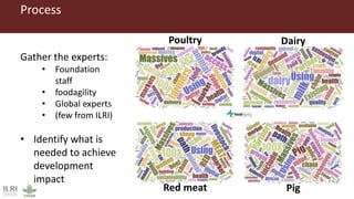 Process
Gather the experts:
• Foundation
staff
• foodagility
• Global experts
• (few from ILRI)
• Identify what is
needed to achieve
development
impact
Poultry Dairy
Red meat Pig
 
