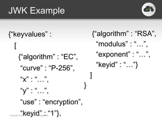 JWK Example

{“keyvalues” :                                 {“algorithm” : “RSA”,
    [                                            “modulus” : “…”,
        {“algorithm” : “EC”,                     “exponent” : “…”,
          “curve” : “P-256”,                     “keyid” : “…”}
                                              ]
          “x” : “…”,
                                          }
          “y” : “…”,
          “use” : “encryption”,
          “keyid” : “1”},
Copyright © 2013 Twobo Technologies AB.
 