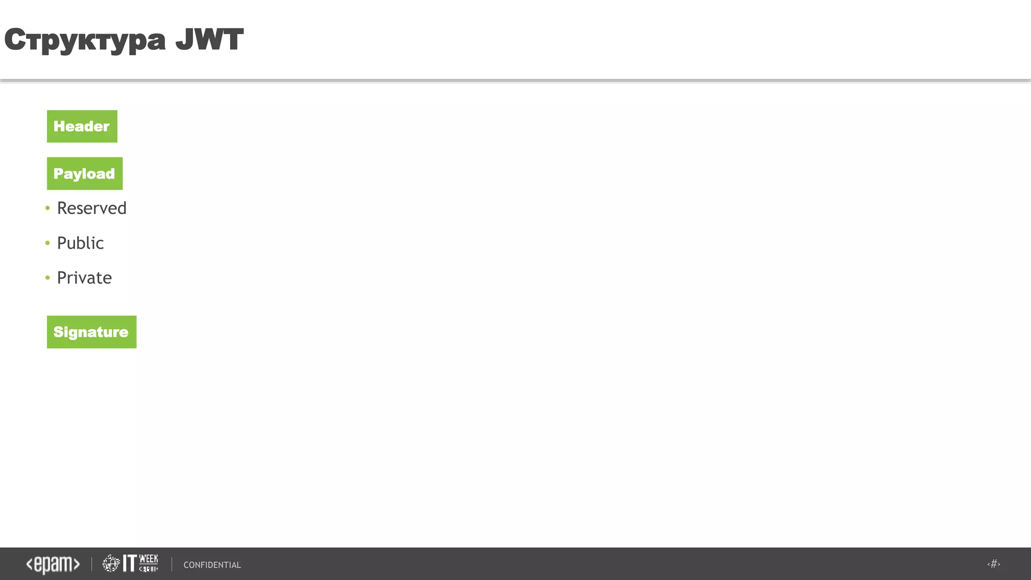‹#›CONFIDENTIAL
• Reserved
• Public
• Private
Структура JWT
Header
Payload
Signature
 