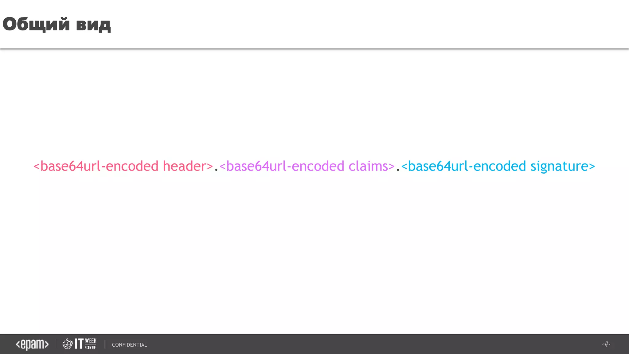 ‹#›CONFIDENTIAL
Общий вид
<base64url-encoded header>.<base64url-encoded claims>.<base64url-encoded signature>
 