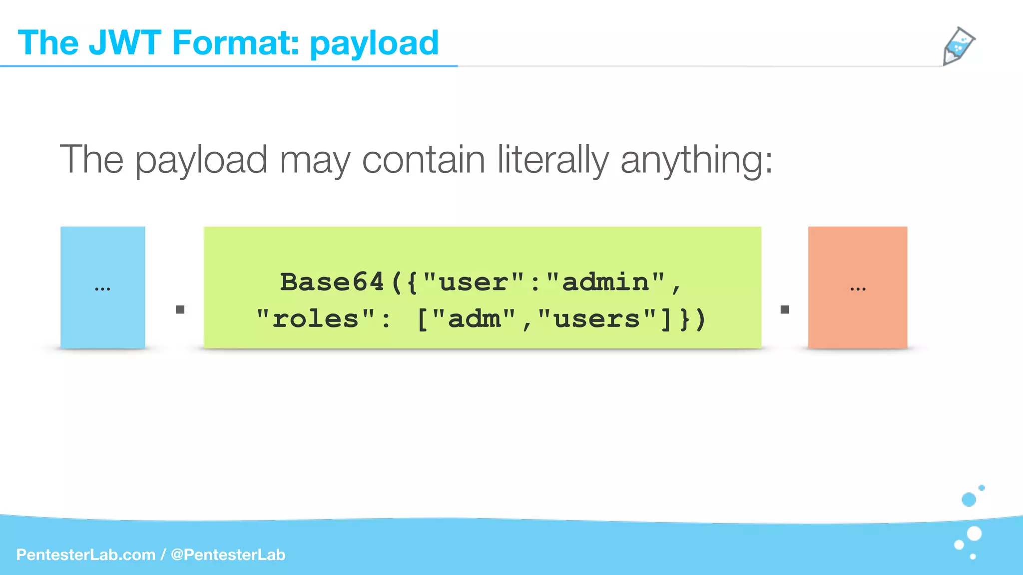 The JWT Format: payload
PentesterLab.com / @PentesterLab
…
The payload may contain literally anything:
Base64({"user":"admin",
"roles": ["adm","users"]}). . …
 