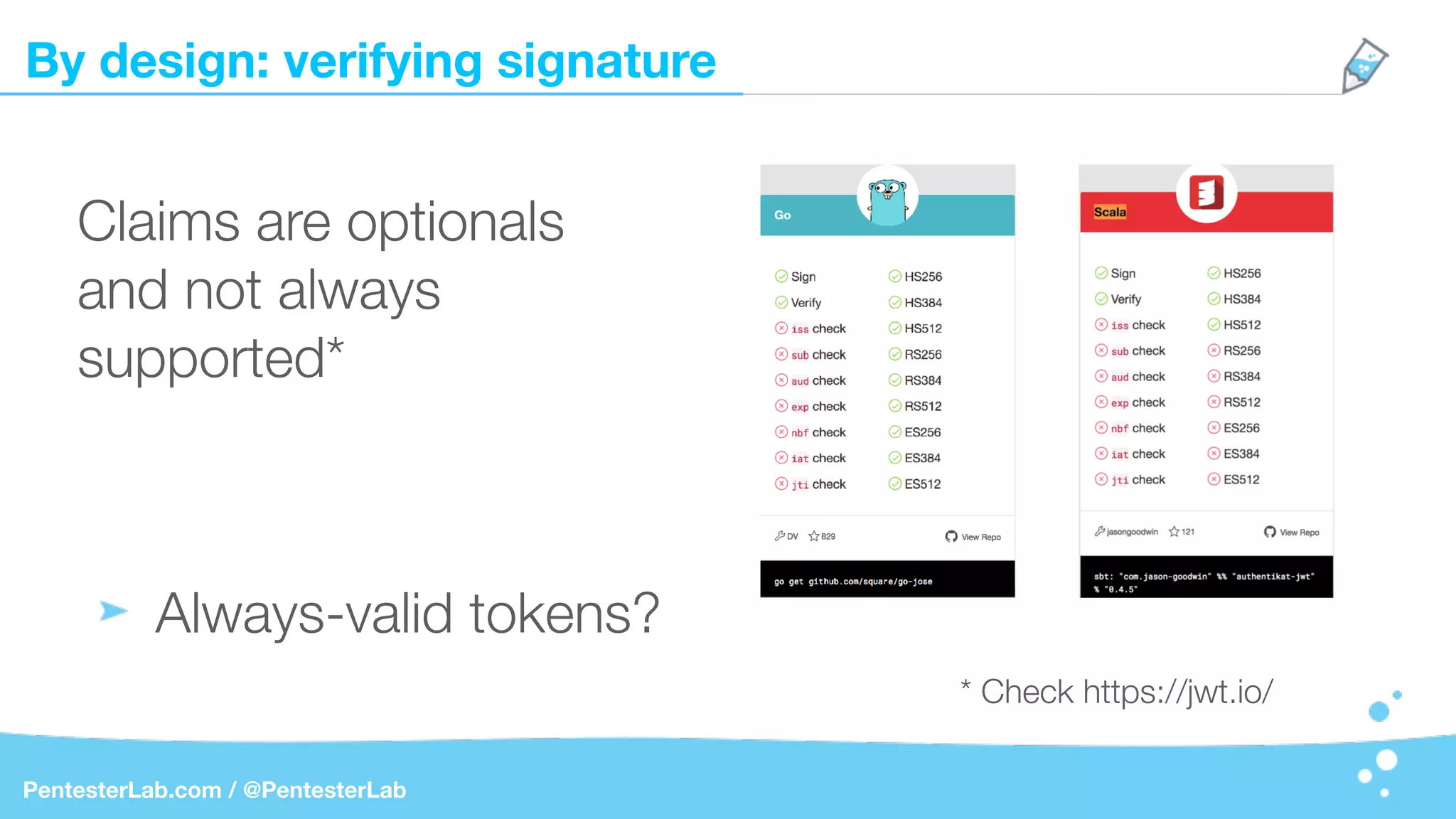 By design: verifying signature
PentesterLab.com / @PentesterLab
Claims are optionals
and not always
supported*
Always-valid tokens?
* Check https://jwt.io/
 