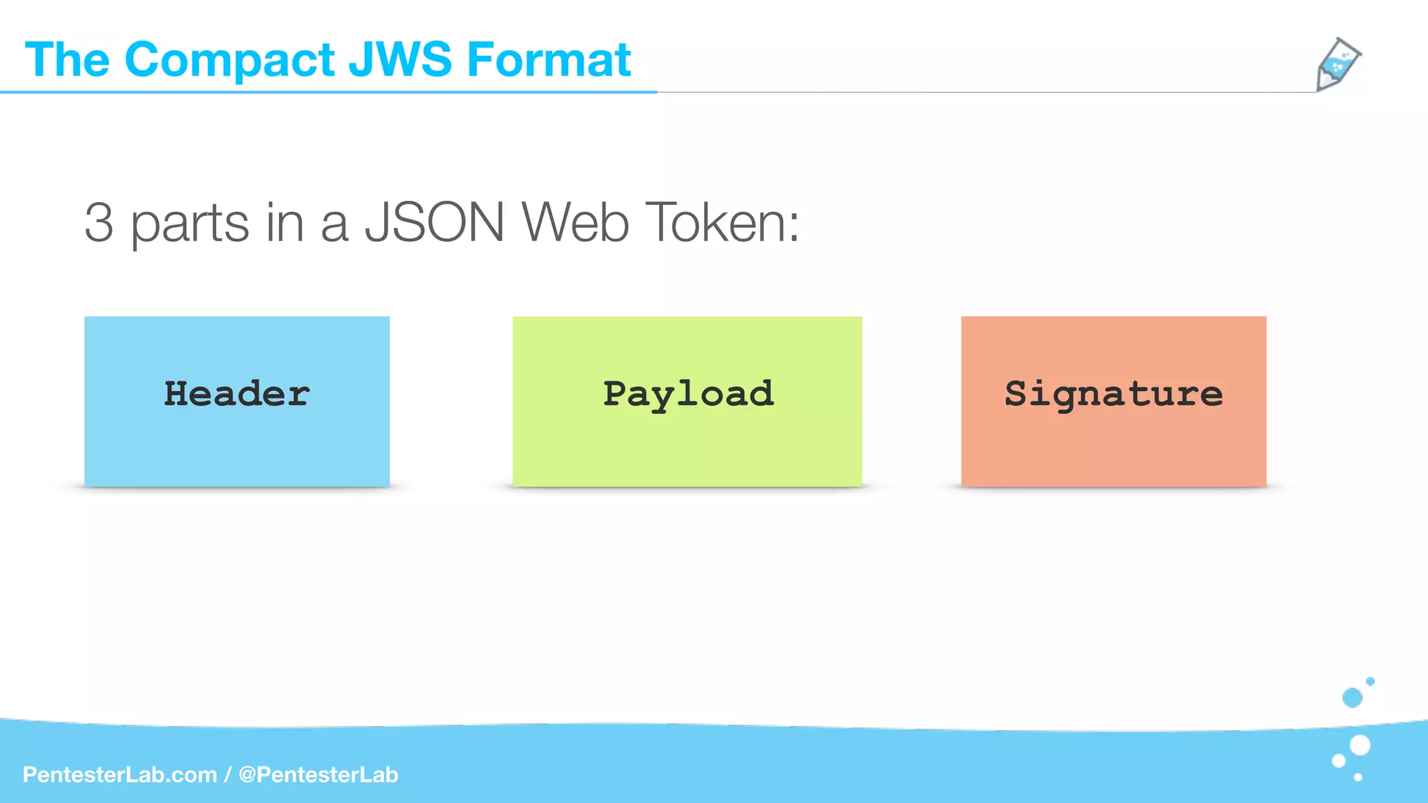 The Compact JWS Format
PentesterLab.com / @PentesterLab
Header Payload Signature
3 parts in a JSON Web Token:
 