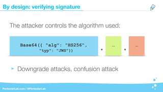 By design: verifying signature
PentesterLab.com / @PentesterLab
The attacker controls the algorithm used:
Downgrade attacks, confusion attack
Base64({ "alg": "HS256",
"typ": "JWS"})
…
. . …
 