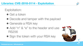 Libraries: CVE-2018-0114 - Exploitation
PentesterLab.com / @PentesterLab
Exploitation:
• Get a token
• Decode and tamper with the payload
• Generate a RSA key
• Add “n" & “e” to the header and use
RS256
• Sign the token with your RSA key
 